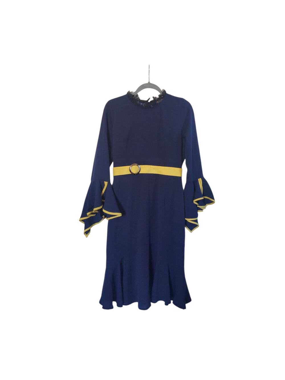 Vicky and Lucas Navy Blue Yellow Ruffled Lace Retro Midi Dress, Women's Medium
